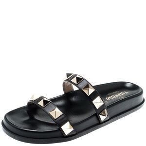 Valentino Rockstud Black Leather Slide Sandal